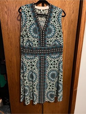 Sabrina Blue; Teal, Black & White Sleeveless V-Neck Midi Dress